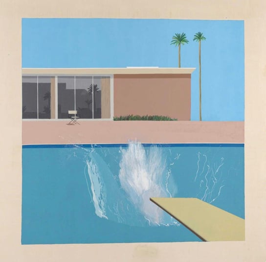 The David Hockney Foundations Painting of mid century style house brown with blue pool